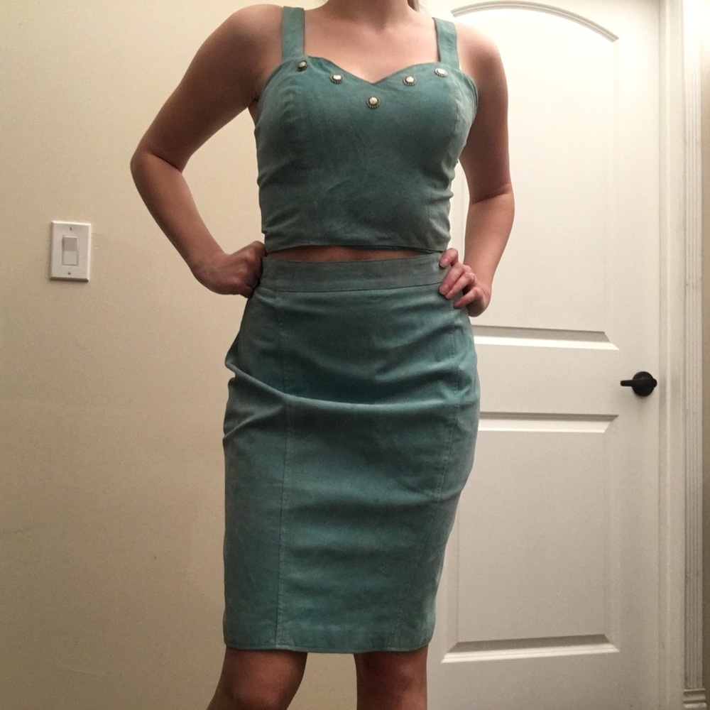 Real suede teal skirt and top set